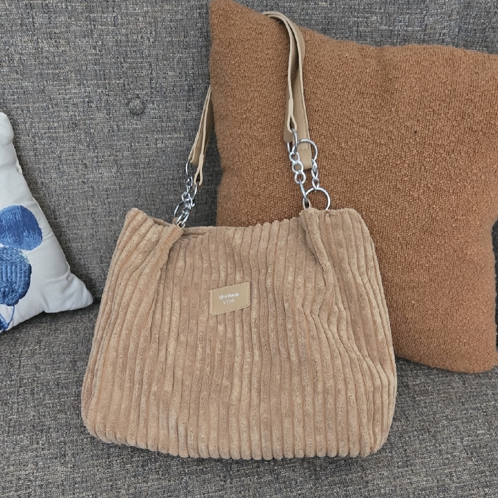 Beige Suede Shoulder Bag with Chain Accents